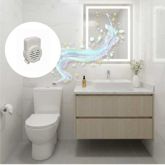 Bathroom with toilet, vanity, and air freshener diffuser on a light gray wall.